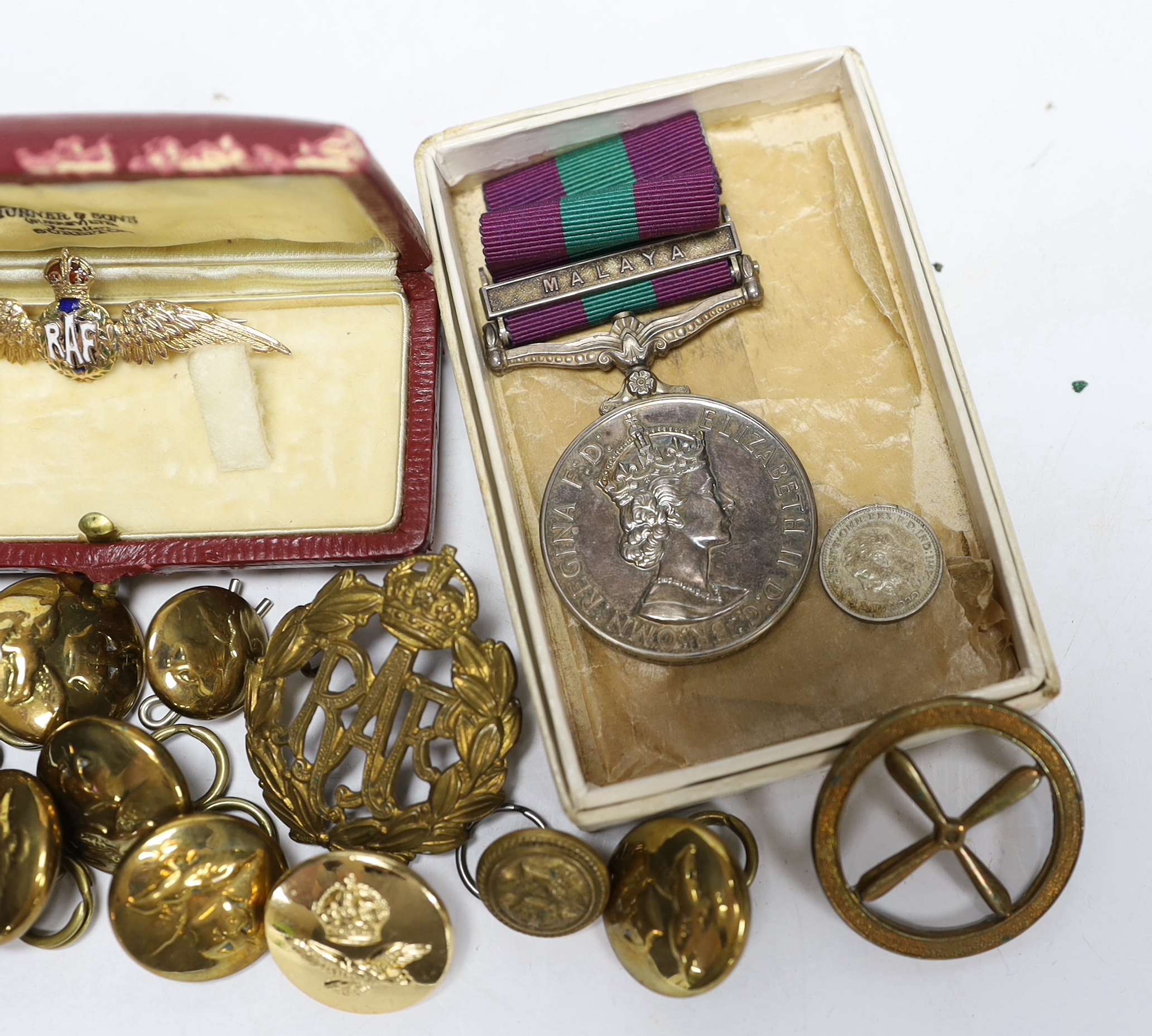 A 9ct. enamelled RAF Sweetheart brooch, an Elizabeth II General Service medal with Malaya bar to Cpl. A.J.L. Fuller R.A.F., a number of buttons and related sundries